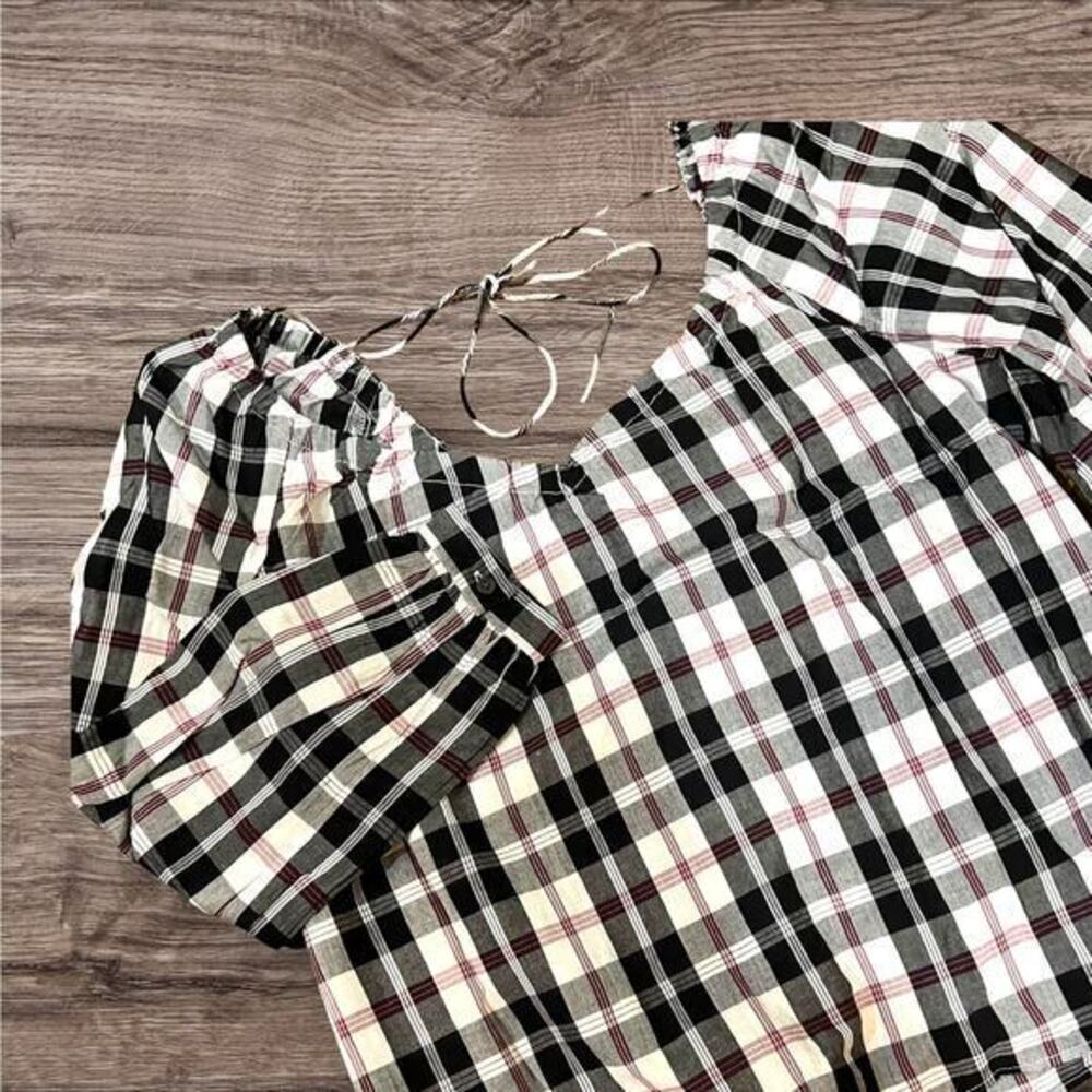 J. Crew Plaid‎ Peasant Top Tie Back 3/4 Sleeve Blouse Black White S